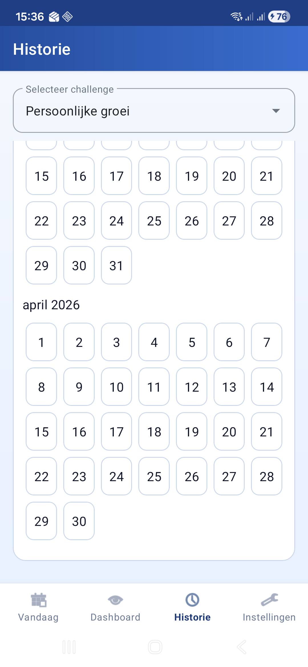 Historie scherm met kalender