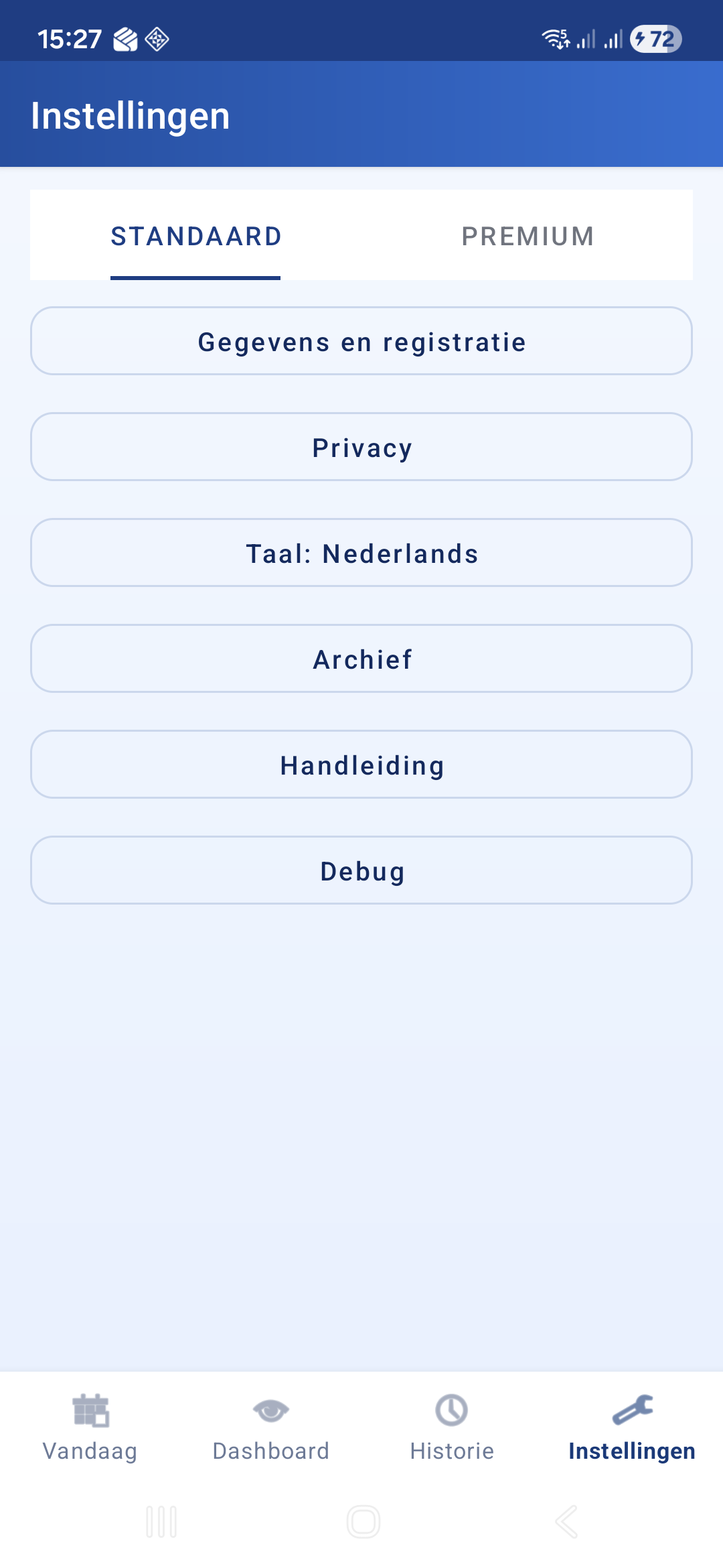 Instellingen standaard tab