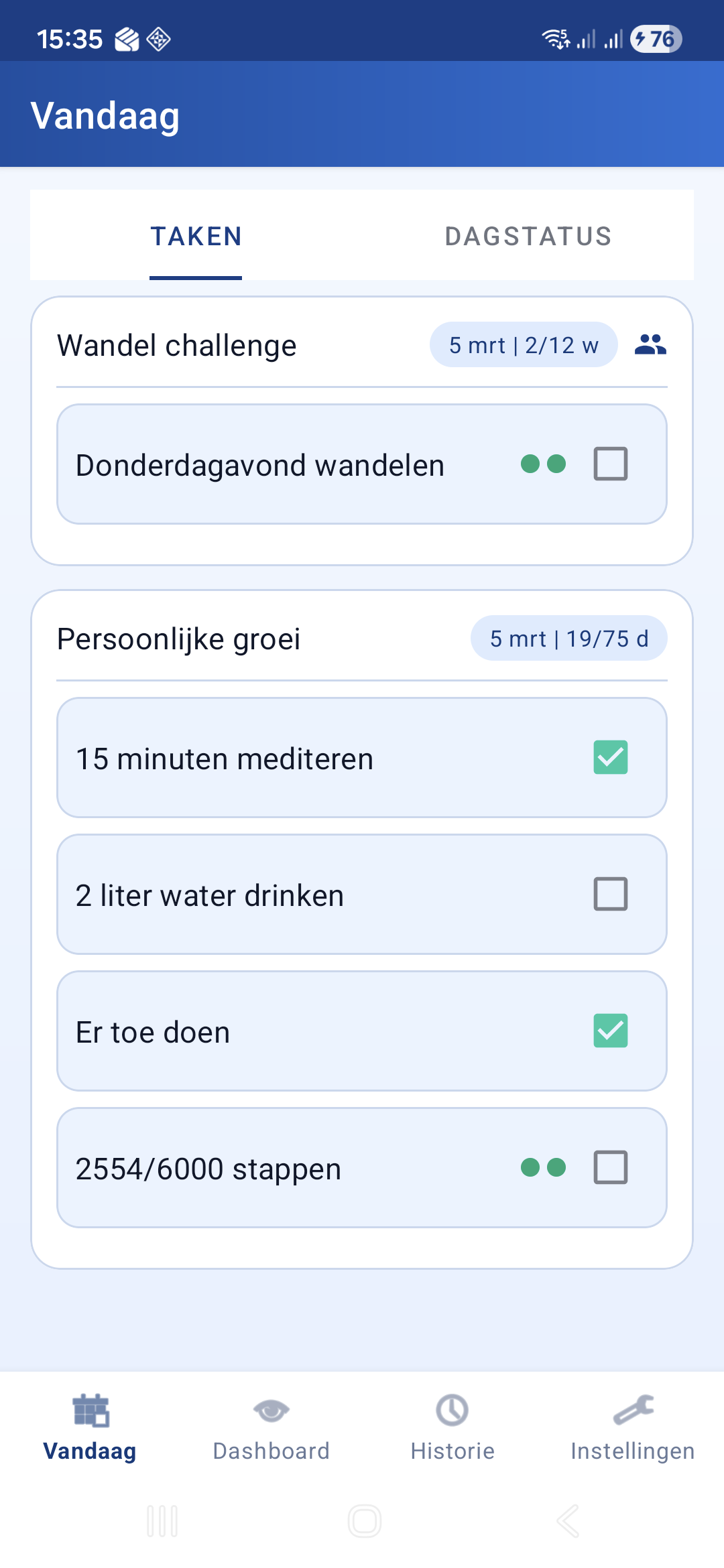 Vandaag scherm met taken per challenge